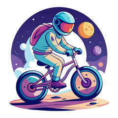 Wall Mural - illustration of an astronaut performing BMX tricks against the backdrop of a softly illuminated moon, with vibrant colors and sleek lines