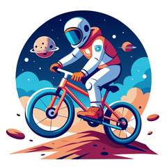 Wall Mural - illustration of an astronaut performing BMX tricks against the backdrop of a softly illuminated moon, with vibrant colors and sleek lines