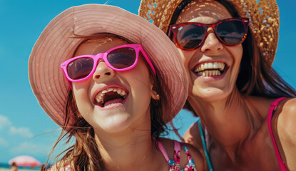 Wall Mural - A mother and daughter wearing pink sunglasses, laughing at the camera with a clear blue sky in the background.
