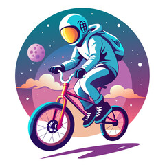 illustration of an astronaut performing BMX tricks against the backdrop of a softly illuminated moon, with vibrant colors and sleek lines