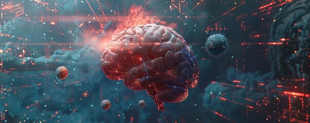 A 3D rendered brain floating in space, connected to various technological components, symbolizing the future of brain computer interfaces  