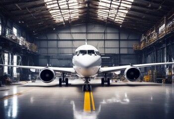 Wall Mural - 'aircraft passenger hangar aeroplane jet aerodrome plane engine maintenance check repairing wing turbine aviation service repair safety motor industry engineering men work'