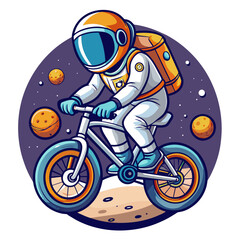 Wall Mural - illustration of an astronaut performing BMX tricks against the backdrop of a softly illuminated moon, with vibrant colors and sleek lines