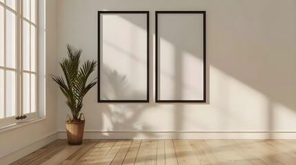 Two empty vertical black frame mock up in a white interior room design with wooden oak floor, 2 empty modern frames for gallery wall mockup, 3d illustration white wall interior render Ai generated 