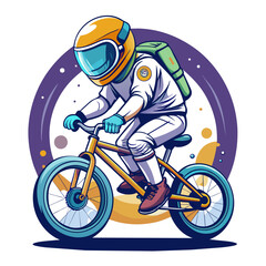 Wall Mural - illustration of an astronaut performing BMX tricks against the backdrop of a softly illuminated moon, with vibrant colors and sleek lines