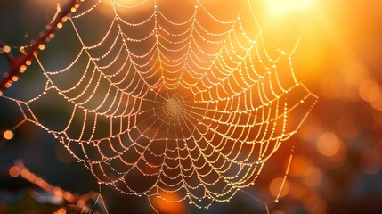 Wall Mural - Sunrise Illuminating Spider Web with Dew, generative ai