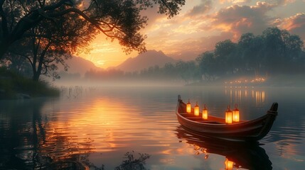 Wall Mural - Twilight Tranquility: Lantern-lit Boat on Serene Lake, generative ai