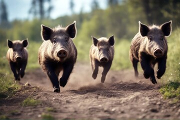 'spring sus boars fast family scrofa group moving forward scenery wildlife running small nature action piglets wild danger escape boar animal baby pig brown fur snout young tree grass swine hunt cute'