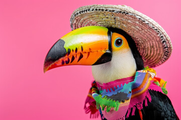 Poster - Portrait of a toucan bird wearing a traditional mexican sombrero hat