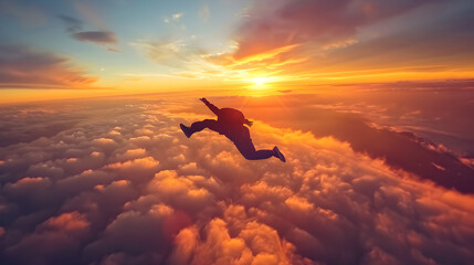 A skydiver freefalling through the clouds with a vibrant sunset in the background. Epic shot.


