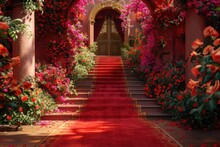 A Captivating Red Carpet Unfolding Towards A Breathtaking VIP Staircase, Surrounded By Vibrant Flowers And Architectural Marvels.