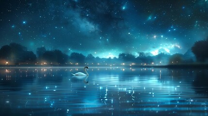 Wall Mural - Enchanted Reflections: Graceful Swan in Night Sky, generative ai