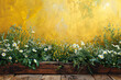 Wooden Planks Against Vivid Yellow Background with Daisies