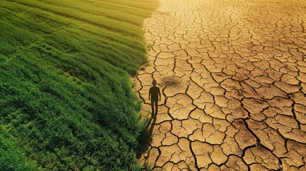 Wall Mural - The concept of climate change, the contrast of a green, dry and barren field with a human silhouette