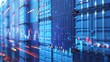 © Elchin Abilov - A stack of blue container boxes is depicted alongside a digital graph chart, representing import-export business. Presented as a 3D rendering.