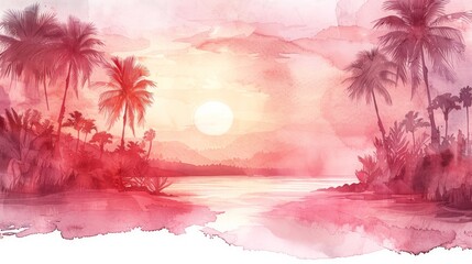 Poster - A painting of a sunset with a palm tree in the foreground and a body of water in the background
