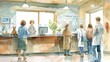 © Watercolor_Kawaii - A watercolor painting of a busy veterinary clinic
