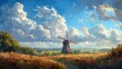 Countryside Charm: Windmill Amidst Fields and Hills, generative ai