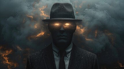 Wall Mural - a man in a suit and hat with glowing eyes, mysterious people with empty space on the side
