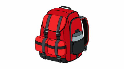 Poster - A black and red backpack with multiple compartments including a padded laptop sleeve and side pockets for water bottles. The thick padded back panel. Cartoon Vector.