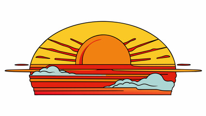 Sticker - A blazing orange sunset painting the sky with streaks of red and yellow as the sun dips below the horizon.  on white background . Cartoon Vector.