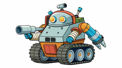 Poster - A bulky tanklike robot designed for outer space exploration. It has multiple arms and attachments such as a giant drill and a laser gun and is. Cartoon Vector.