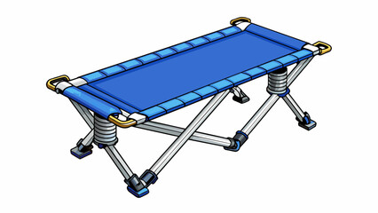 Poster - A compact and portable camping cot made of durable steel with a blue nylon cover. The cot features a springloaded folding system and can be adjusted. Cartoon Vector.