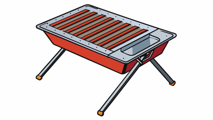 Wall Mural - A compact foldable grill made of stainless steel that easily fits into a backpack. It has adjustable legs and a removable ash catcher for convenient. Cartoon Vector.