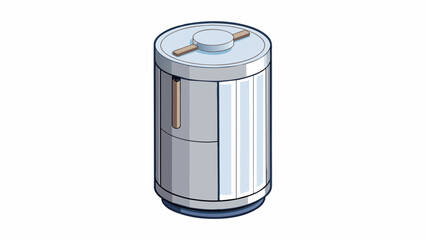 Poster - a compact cylindrical unit with a sleek silver exterior. the top lifts up to reveal a seat and the s