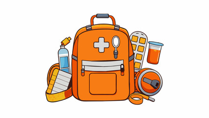 Sticker - A durable backpack in bright orange color equipped with a whistle flashlight water purification tablets and a pocket mask for CPR along with essential. Cartoon Vector.