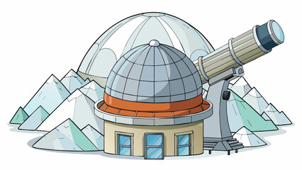 Sticker - A giant telescope nestled a snowy mountaintops with a large domeshaped structure protecting its lens. With this powerful telescope astronomers can see. Cartoon Vector.