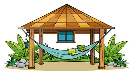 Poster - a hammock with a builtin mosquito net hangs beneath a rustic wooden house on stilts in a tropical ra