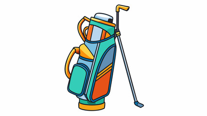 Poster - A lightweight colorful bag with a sleek design and a stand for convenient placement on the course. The bag has a large zippered pocket for extra. Cartoon Vector.