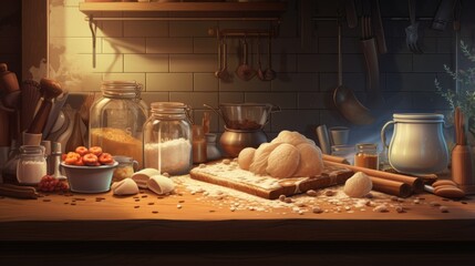 Digital painting of a rustic kitchen with essential baking ingredients and tools, set with a serene early morning light atmosphere