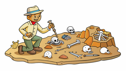 Canvas Print - A paleontologist kneeling in a dirt excavation site carefully cataloging and labeling different types of fossils. The site is full of various sized. Cartoon Vector.