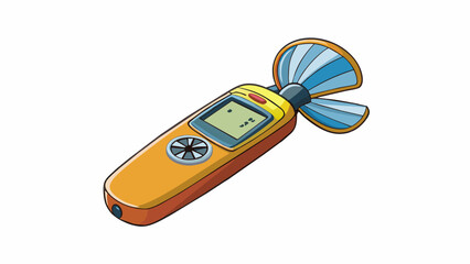 Sticker - A portable handheld device with a small propeller at one end and a digital display at the other end. The propeller spins faster as the wind speed. Cartoon Vector.