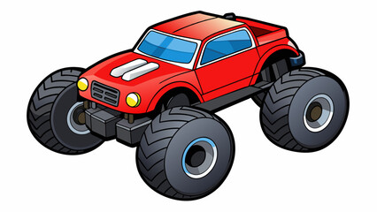 Poster - A red and black monster truck remote control car with large treaded wheels and a sy suspension system. It is capable of climbing over obstacles and. Cartoon Vector.