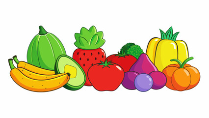 Sticker - A set of colorful plastic fruits and vegetables that look just like the ones grown in a garden. Each piece has a realistic shape and texture making. Cartoon Vector.