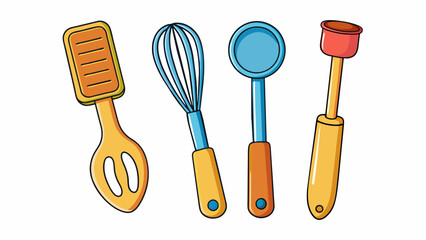 Wall Mural - A set of plastic toy utensils including a spatula wooden s whisk and rolling pin. The utensils have rounded edges and are sized perfectly for little. Cartoon Vector.