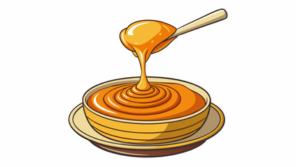 Poster - A sful of deep amber liquid slowly dripping into a bowl of pancake batter adding a sweet and fragrant depth to the mixture.  on white background . Cartoon Vector.