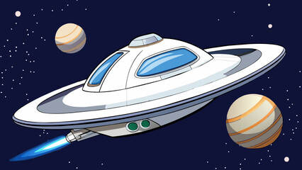 Sticker - A sleek white spacecraft floats serenely through the vast expanse of outer space providing panoramic views of glittering stars and glowing planets for. Cartoon Vector.