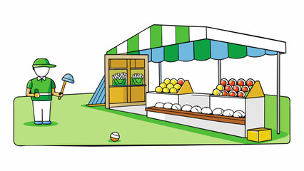 Poster - A small booth stands at the entrance of the driving range where a friendly attendant sells buckets of golf balls to eager players. The main area is a. Cartoon Vector.