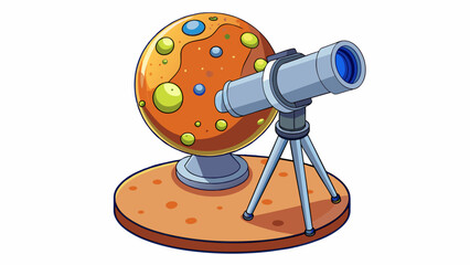 Wall Mural - A small telescope mounted on a spacecraft orbiting a distant planet. Its specialized lenses allow it to study the planets atmosphere and terrain. Cartoon Vector.