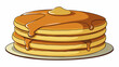 A stack of fluffy golden pancakes drizzled with a thick dark syrup that seeps into every crevice. The aroma of warm sugary sweetness fills the air. Cartoon Vector.