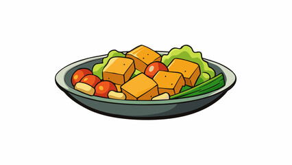 Sticker - A tempeh and vegetable stirfry with chunks of tempeh saut ed until golden brown and mixed with crisp vegetables has a hearty chewy texture. The tempeh. Cartoon Vector.