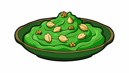 Poster - A thick dark green spread made from crushed spinach leaves roasted garlic and walnuts. The spread has a earthy nutty taste and a thick grainy texture.. Cartoon Vector.