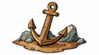 A weathered wooden anchor leaning against a rocky shoreline its chipped and worn surface evidence of years spent braving rough seas. Its curved shape. Cartoon Vector.