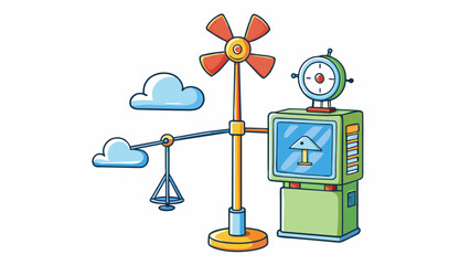 Canvas Print - A weather station with a large outdoor hygrometer that resembles a small windmill with rotating blades that measure the speed and direction of the. Cartoon Vector.