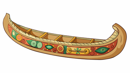 Wall Mural - A wellworn canoe sat on the shore its smooth and curved sides showing signs of years of use. Along its length intricate carvings depicted colorful. Cartoon Vector.