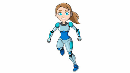 Canvas Print - A woman with a prosthetic lower body a fusion of organic and mechanical parts. Her legs are made of sleek metal with glowing blue lines and she can. Cartoon Vector.